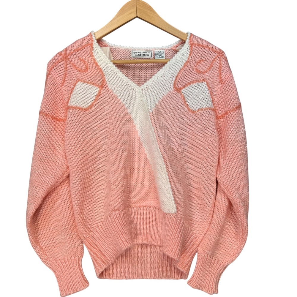 Charlotte Van Horne Pink Geometric V-Neck Knit Sweater‎ Vintage Large